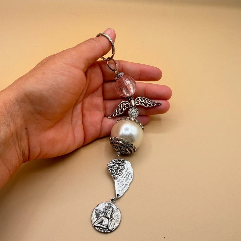 Guardian Angel Keychain Pearl Pink Bead Cherub Wing Charm Religious Prayer Gift
